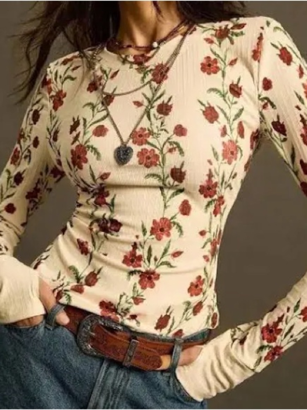 Boho Cream Floral Long Sleeve Ribbed Top